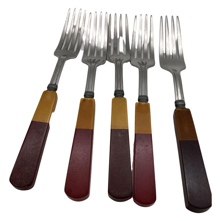1930s Two Toned Butterscotch & Cherry Red & Green Bakelite Flatware Set of 34 - 8
