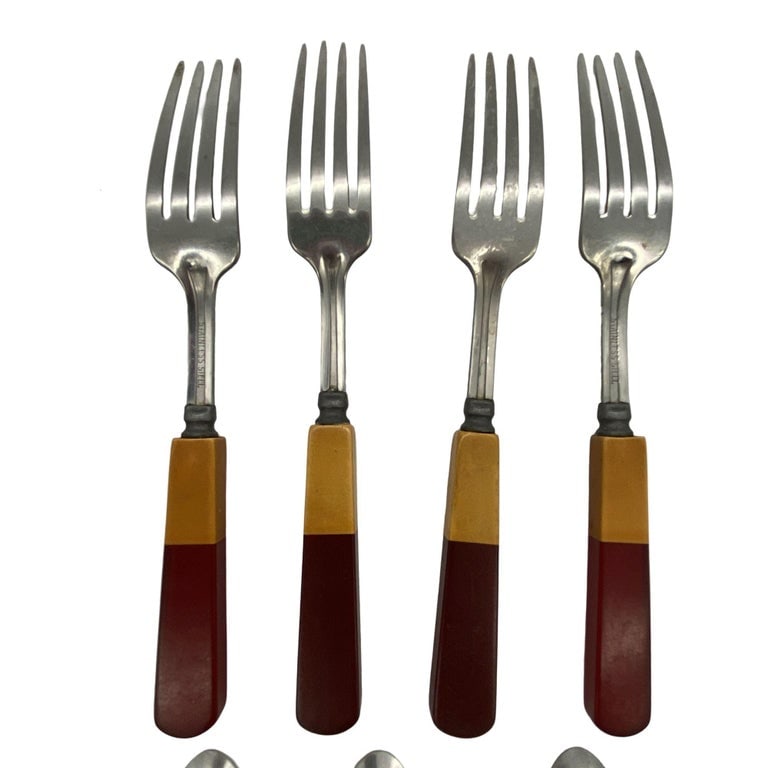 1930s Two Toned Butterscotch & Cherry Red & Green Bakelite Flatware Set of 34 - 9
