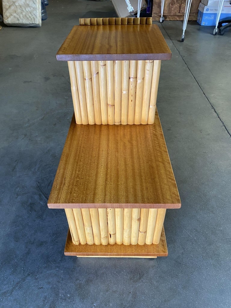 Restored Mid-Century Vertically Stacked Geometric Rattan Side Table, Mahogany - 12