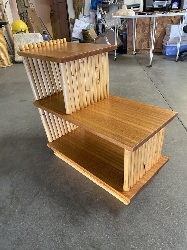 Restored Mid-Century Vertically Stacked Geometric Rattan Side Table, Mahogany - 3