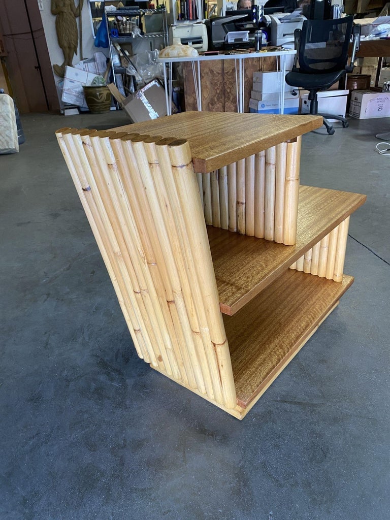 Restored Mid-Century Vertically Stacked Geometric Rattan Side Table, Mahogany - 4