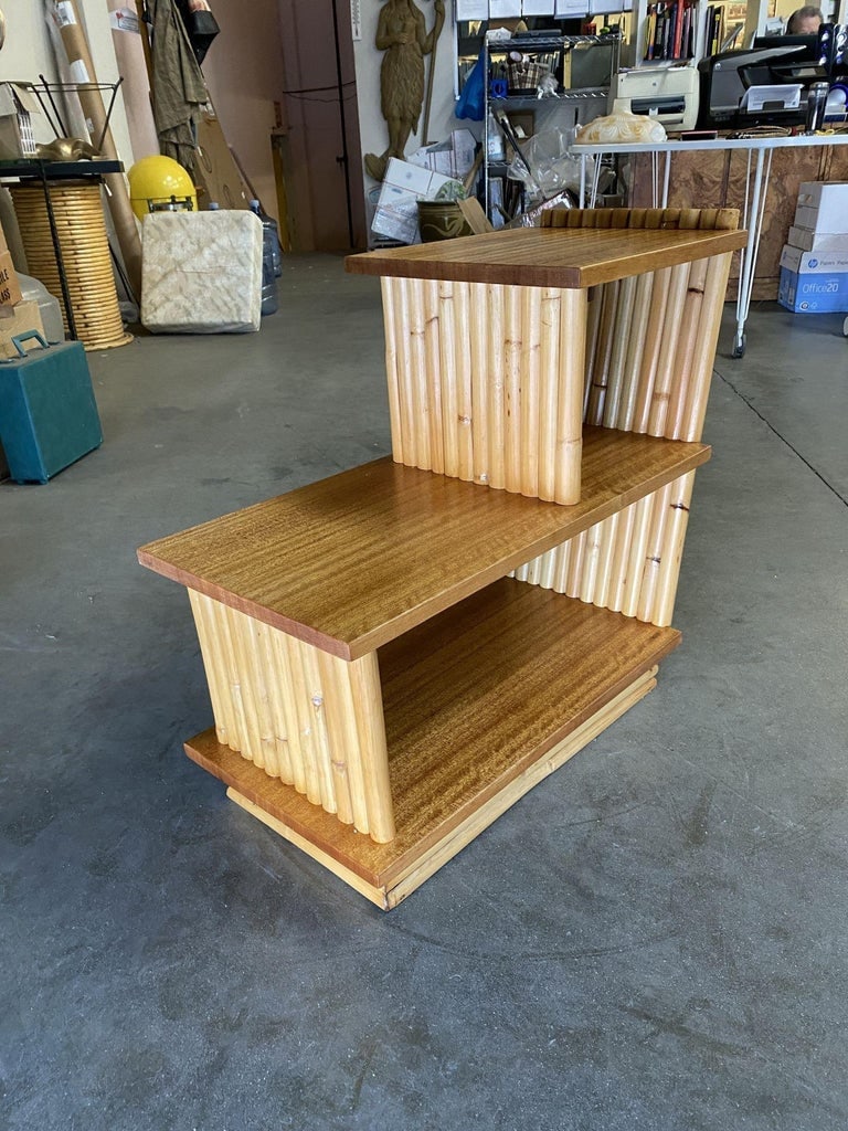 Restored Mid-Century Vertically Stacked Geometric Rattan Side Table, Mahogany - 7