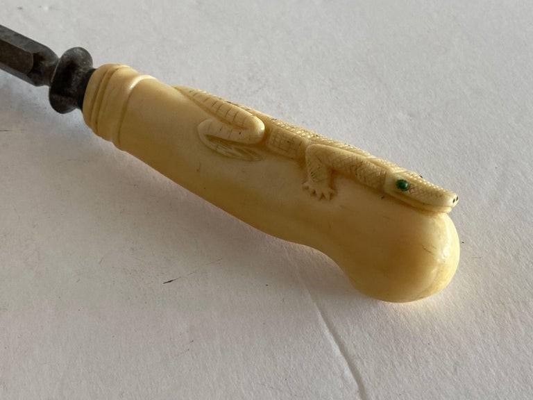 19th Century Hand-Carved Bone Alligator Handled Culinary Carving Set - 12