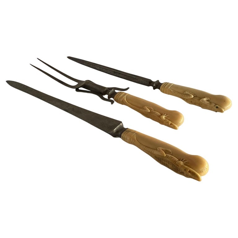 19th Century Hand-Carved Bone Alligator Handled Culinary Carving Set (1 of 14)
