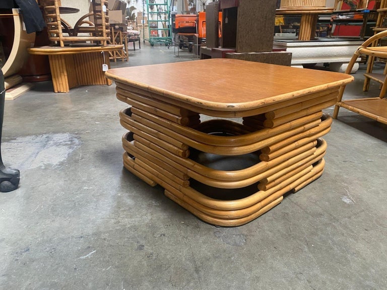Restored 1940's Stacked Rattan Coffee Table w/ Rattan Wrapped Mahogany Top - 4