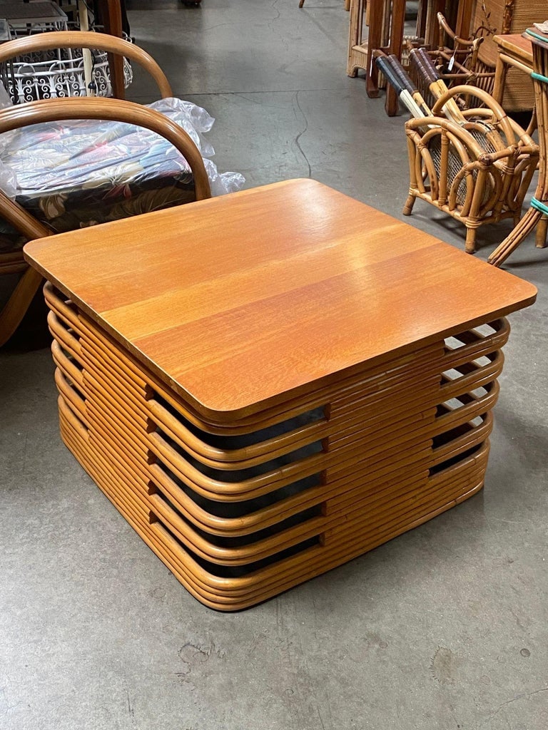 Restored Tall Stacked Rattan Coffee Table with Mahogany Top - 3