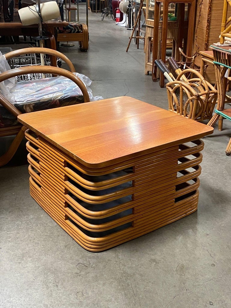 Restored Tall Stacked Rattan Coffee Table with Mahogany Top - 4