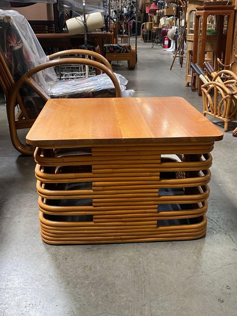 Restored Tall Stacked Rattan Coffee Table with Mahogany Top - 5