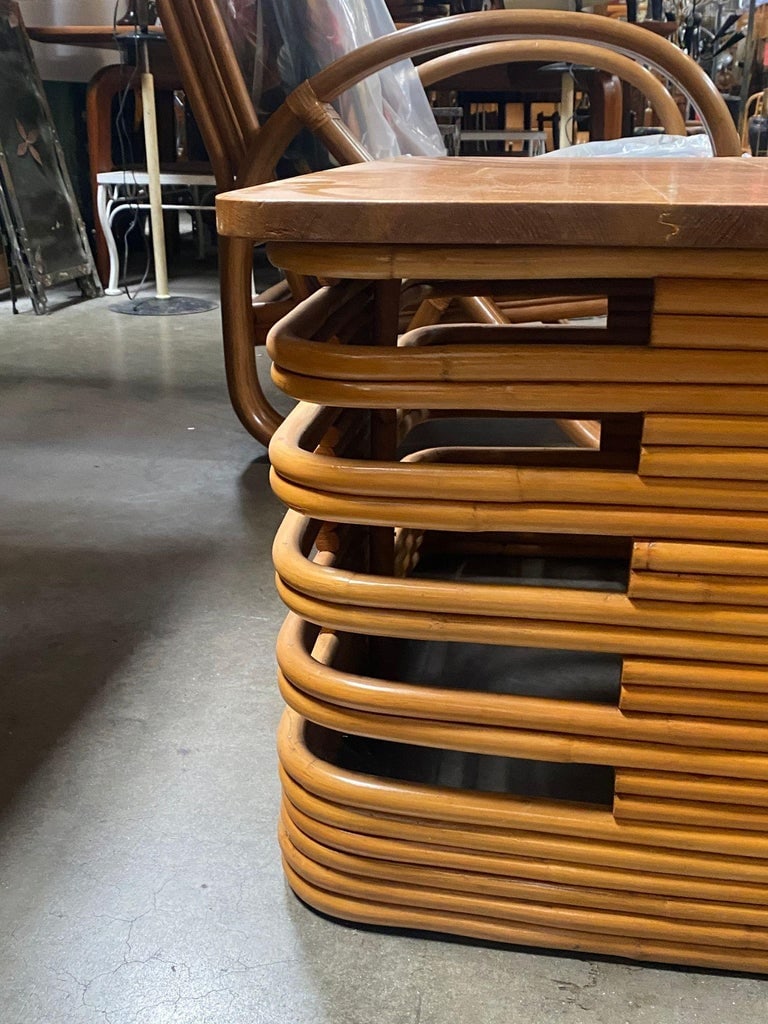 Restored Tall Stacked Rattan Coffee Table with Mahogany Top - 7