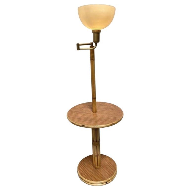 Mid Century Rattan Swing Arm Floor Lamp w/ Drink Stand - 2