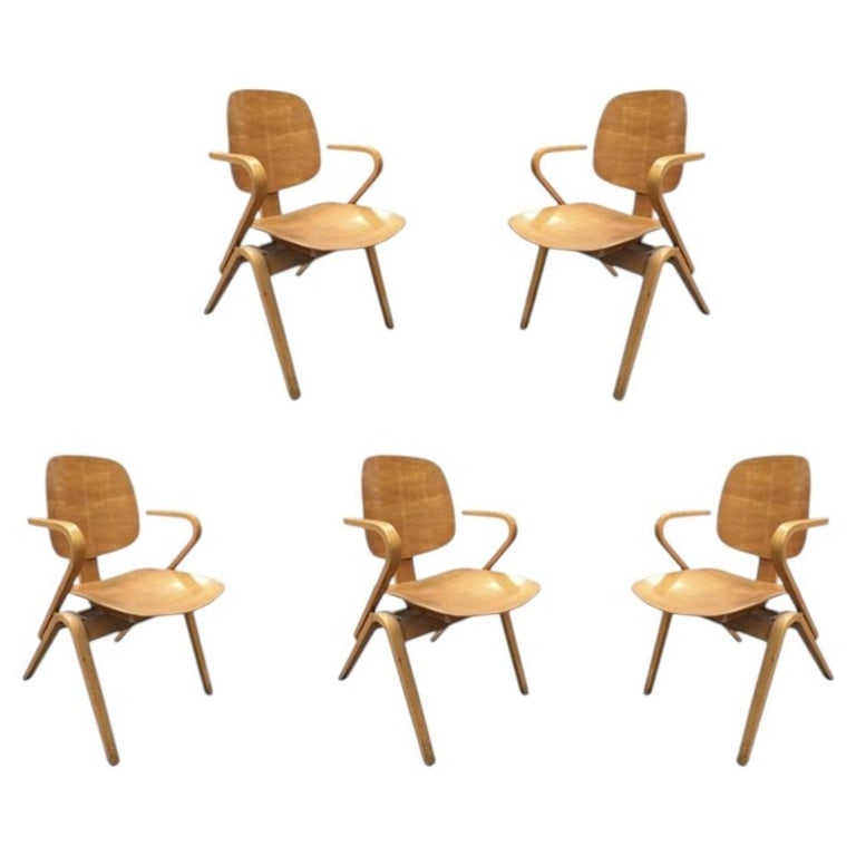 Midcentury Thonet Bent Plywood Armchairs by Joe Atkinson, Set of 5: Set of five bent plywood armchair dining chairs Designed by Joe Atkinson for the Thonet furniture company. Each chair features a bent wood construction with a cupped potato seat and backrest with boom