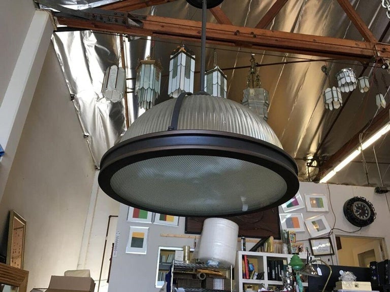 Industrial Ribbed Pendant Lamp Holophane Style Pair - 10
