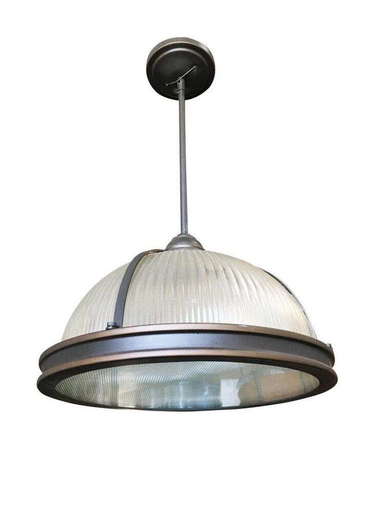 Industrial Ribbed Pendant Lamp Holophane Style Pair - 3