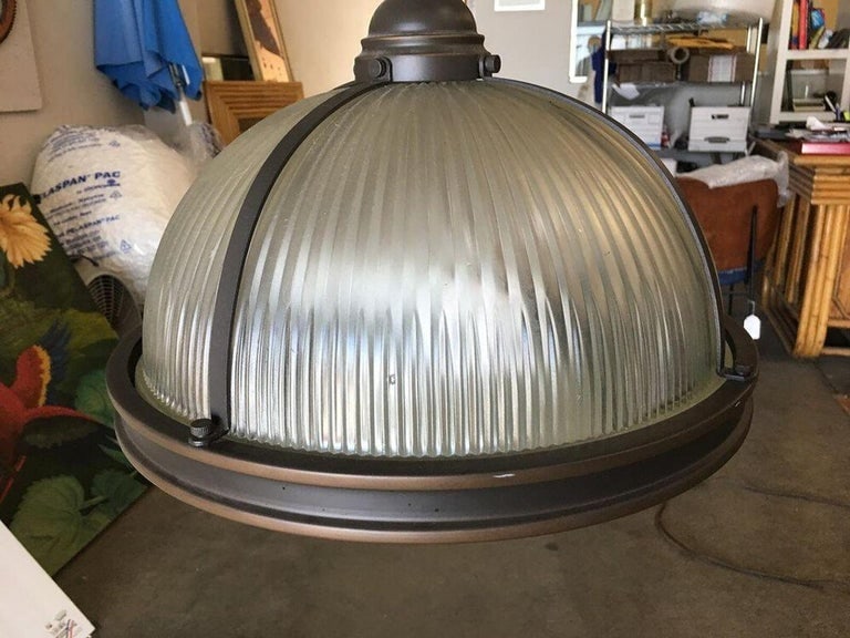 Industrial Ribbed Pendant Lamp Holophane Style Pair - 8