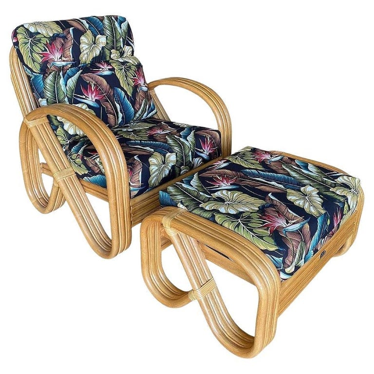 Restored 3/4 3-Strand Round Pretzel Rattan Lounge Chair w/ Ottoman, 2 Available - 2