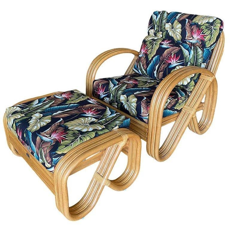 Restored 3/4 3-Strand Round Pretzel Rattan Lounge Chair w/ Ottoman, 2 Available - 3
