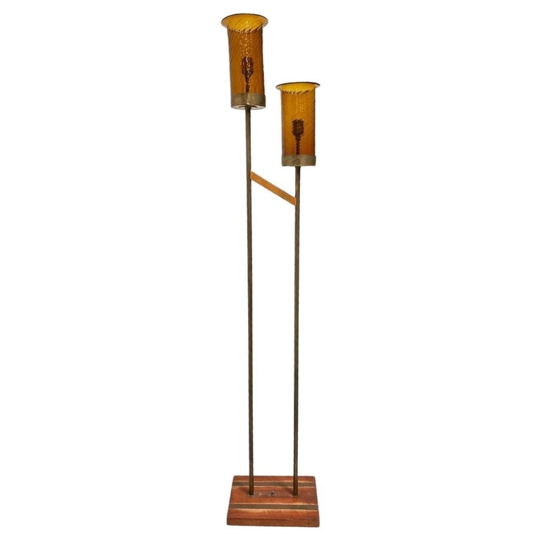Asymmetric Mid-century Brass Torchiere Floor Lamp w/ Wood Base Smoked Swirl Glas (1 of 7)