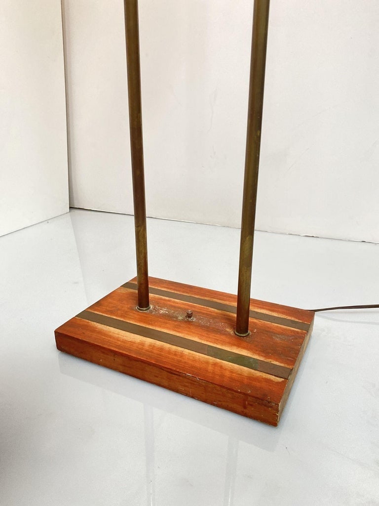 Asymmetric Mid-century Brass Torchiere Floor Lamp w/ Wood Base Smoked Swirl Glas - 3