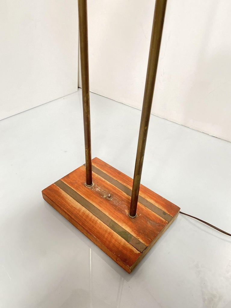Asymmetric Mid-century Brass Torchiere Floor Lamp w/ Wood Base Smoked Swirl Glas - 4