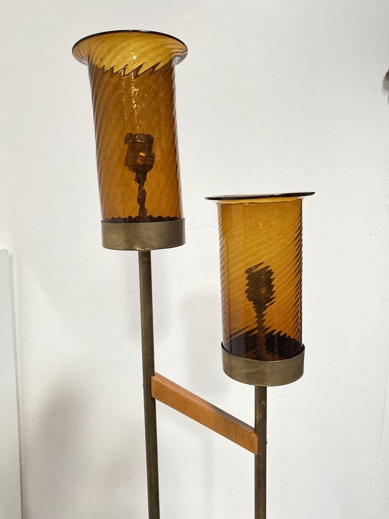 Asymmetric Mid-century Brass Torchiere Floor Lamp w/ Wood Base Smoked Swirl Glas - 5