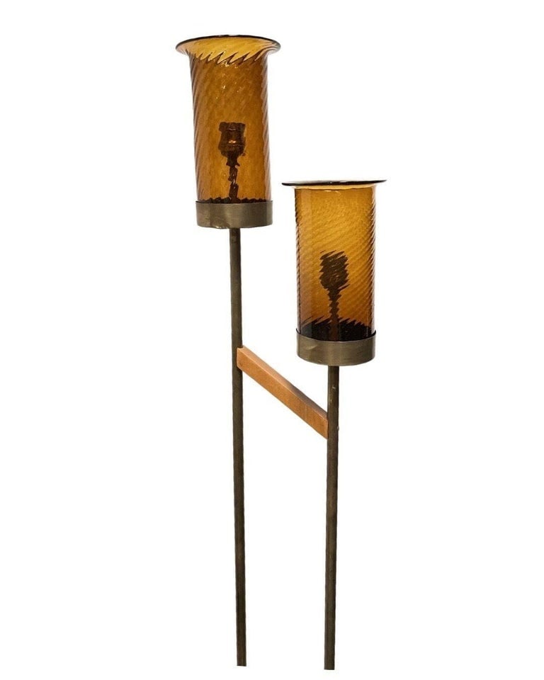 Asymmetric Mid-century Brass Torchiere Floor Lamp w/ Wood Base Smoked Swirl Glas - 6