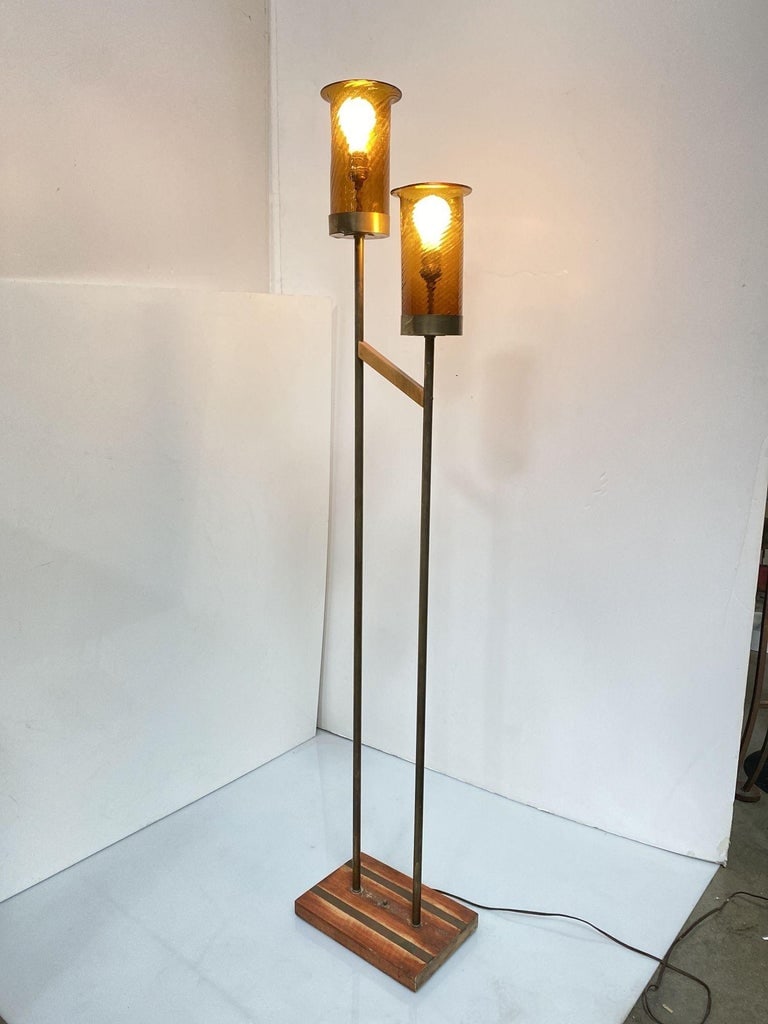 Asymmetric Mid-century Brass Torchiere Floor Lamp w/ Wood Base Smoked Swirl Glas - 7