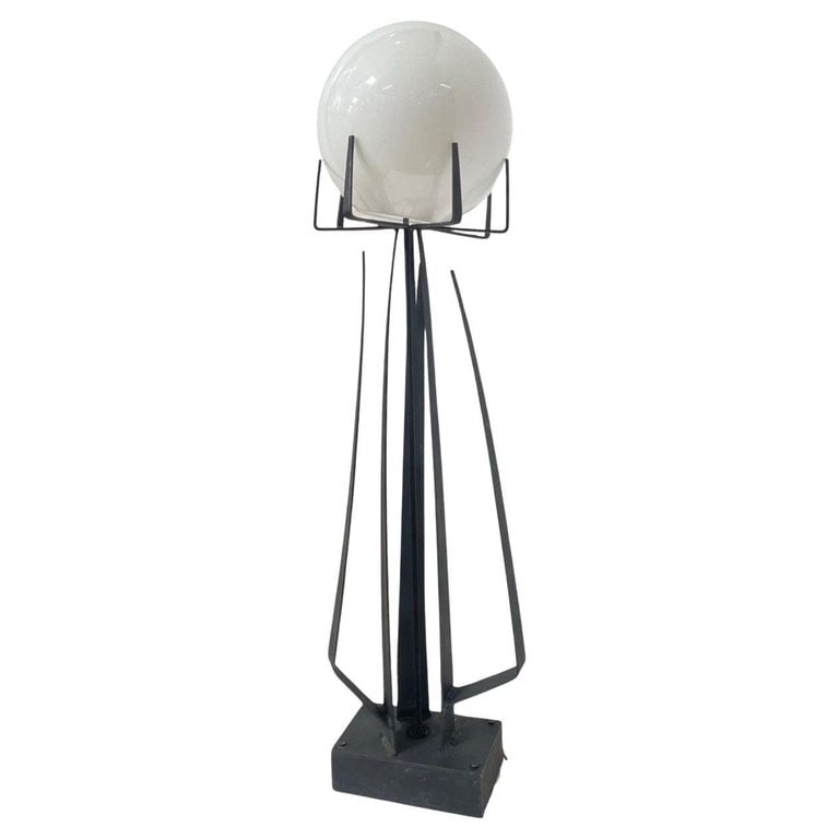 Brutalist Wrought Iron Sculptural Floor Lamp with Glass Shade by Jean Maylon - 2