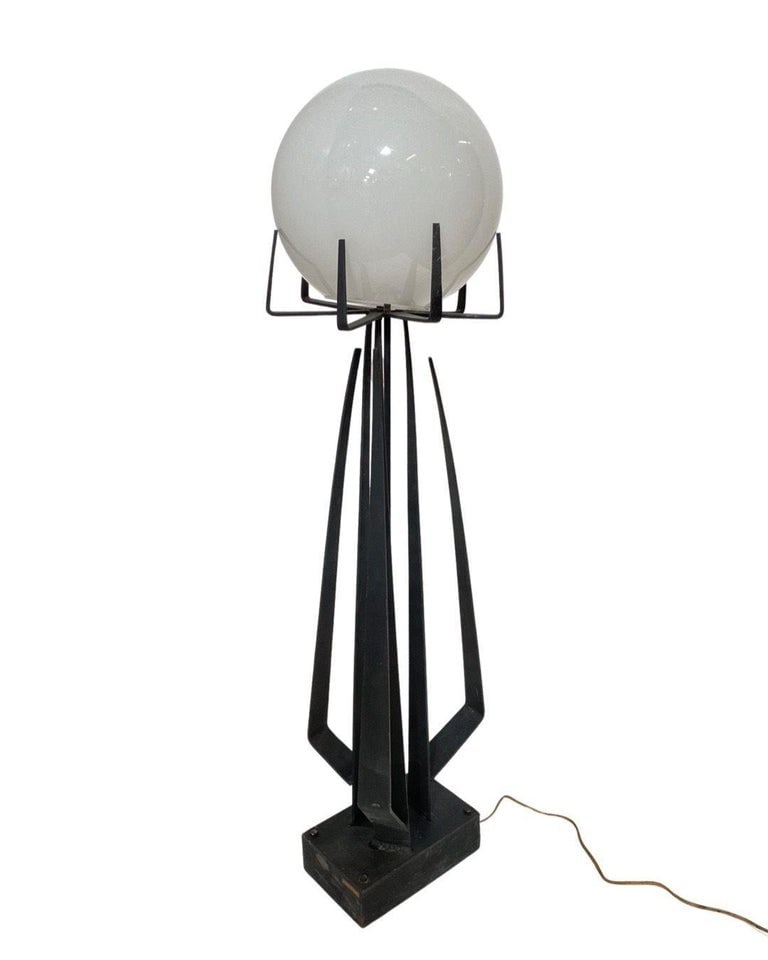 Brutalist Wrought Iron Sculptural Floor Lamp with Glass Shade by Jean Maylon - 4