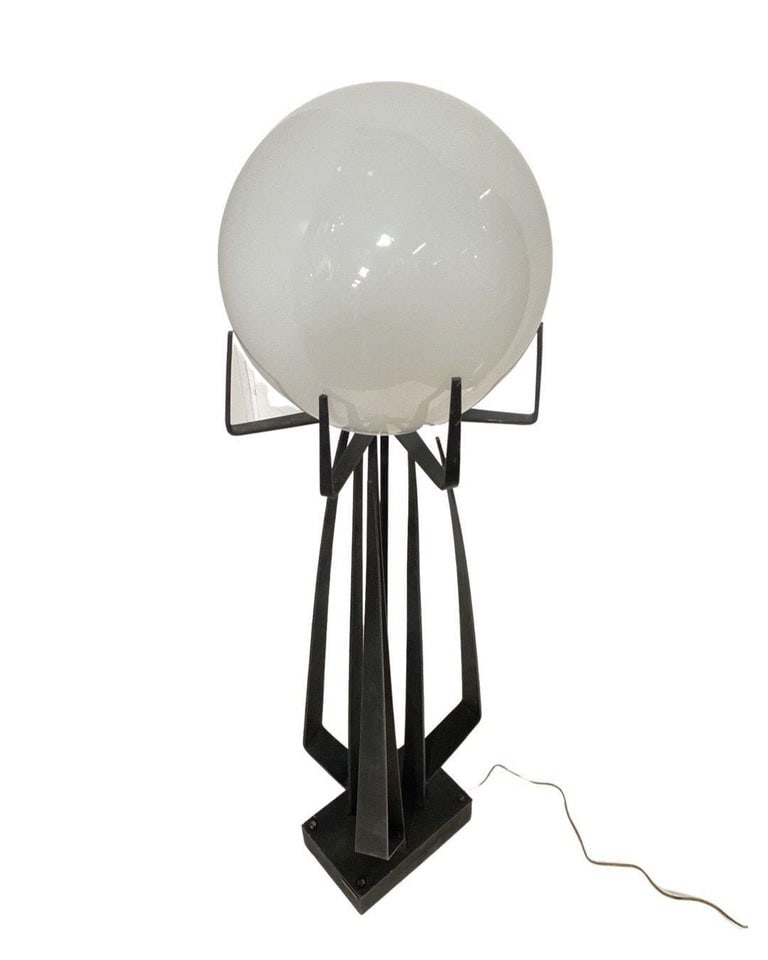 Brutalist Wrought Iron Sculptural Floor Lamp with Glass Shade by Jean Maylon - 9
