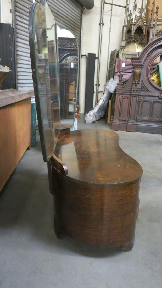 Edwardian Dark Stained Burlwood Vanity w/ Trifold Mirror, Circa 1910 - 6