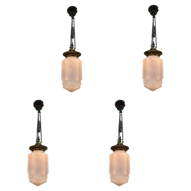 Art Deco Bronze Electric Ceiling Pendant with Stepped Glass Globe (1 of 5)