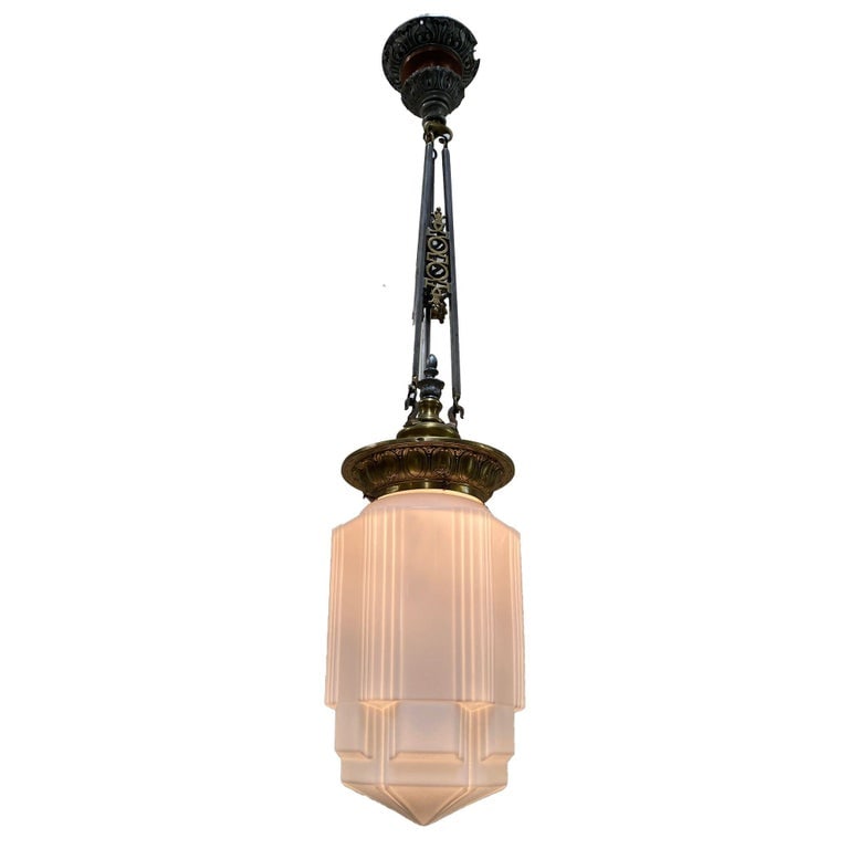Art Deco Bronze Electric Ceiling Pendant with Stepped Glass Globe - 3