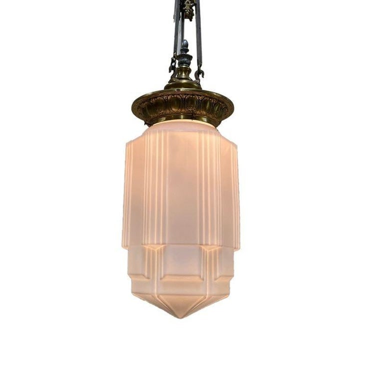 Art Deco Bronze Electric Ceiling Pendant with Stepped Glass Globe - 4