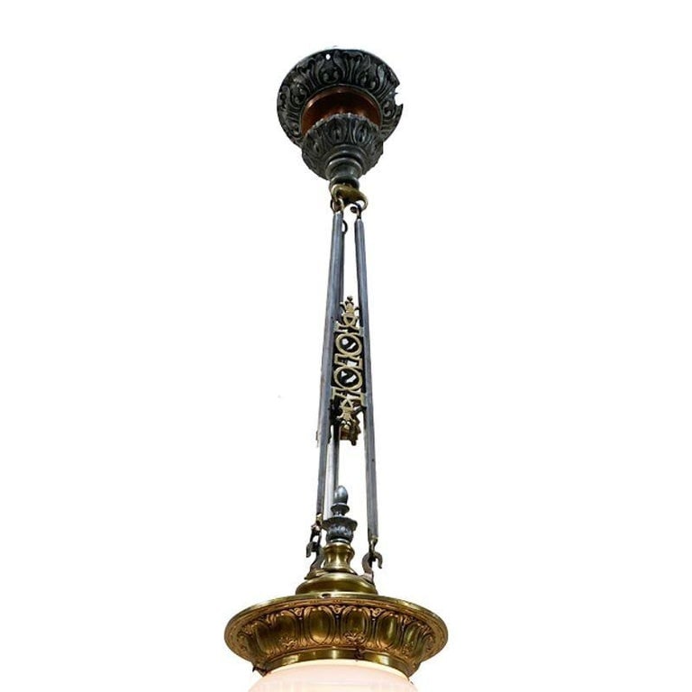 Art Deco Bronze Electric Ceiling Pendant with Stepped Glass Globe - 5