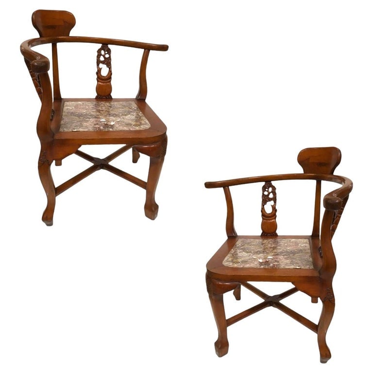 Rosewood Horseshoe Chair with Marble Seat by James Mont, Pair (1 of 16)