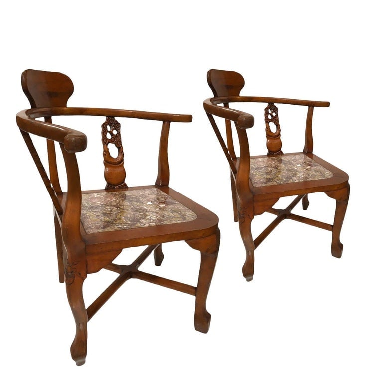Rosewood Horseshoe Chair with Marble Seat by James Mont, Pair - 3