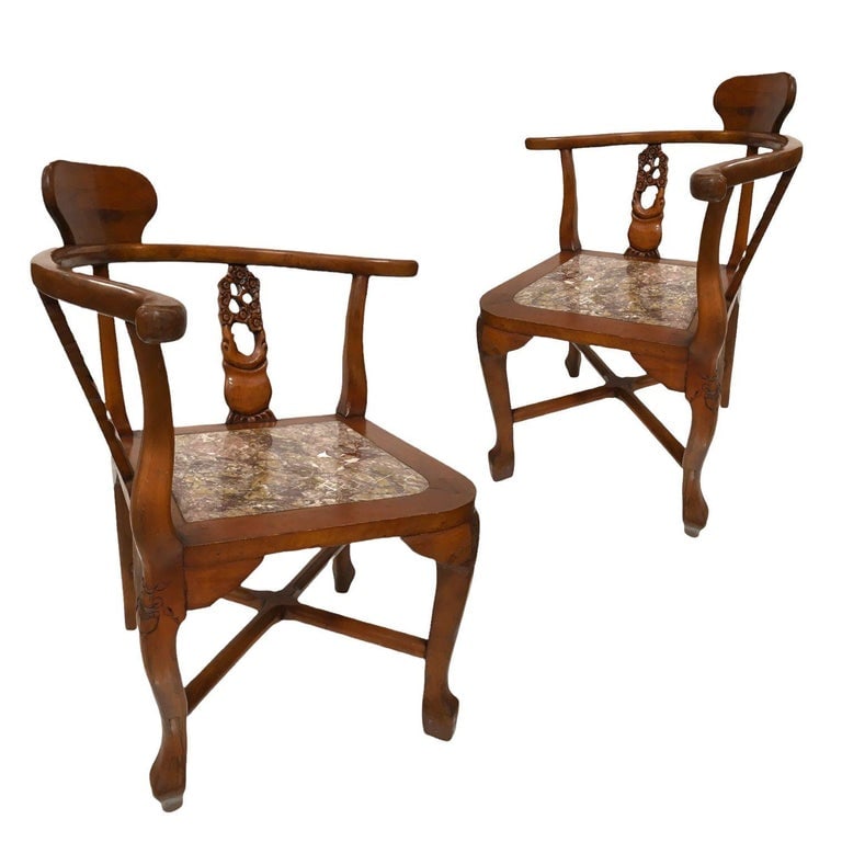 Rosewood Horseshoe Chair with Marble Seat by James Mont, Pair - 4