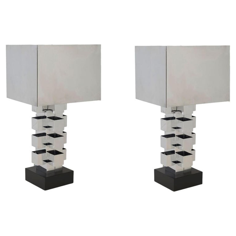 Brutalist Chrome Interlaced Column Sculpture Table Lamp by Curtis Jere, Pair - 2
