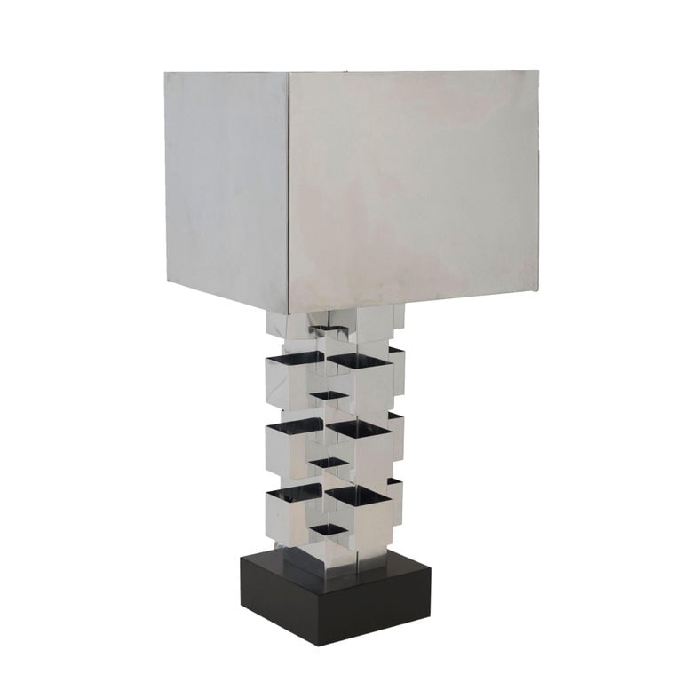 Brutalist Chrome Interlaced Column Sculpture Table Lamp by Curtis Jere, Pair - 3