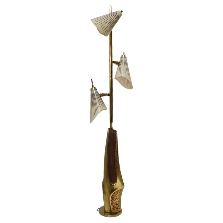Mid Century Googie Brass & Art Pottery Floor Lamp w/ Fiberglass Shades (1 of 7)