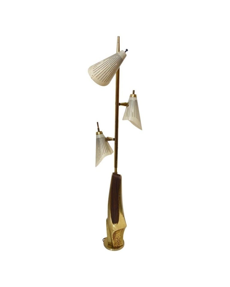 Mid Century Googie Brass & Art Pottery Floor Lamp w/ Fiberglass Shades - 4