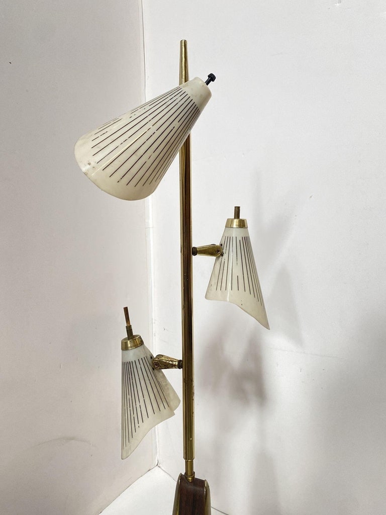 Mid Century Googie Brass & Art Pottery Floor Lamp w/ Fiberglass Shades - 5