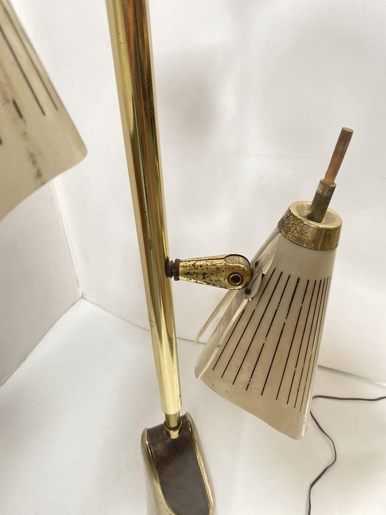 Mid Century Googie Brass & Art Pottery Floor Lamp w/ Fiberglass Shades - 6