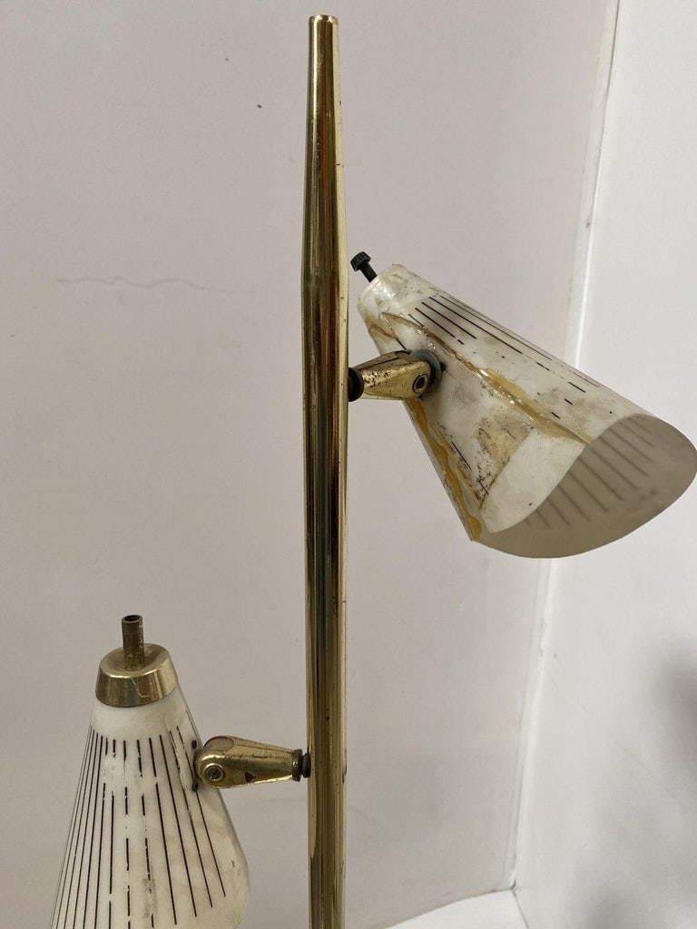 Mid Century Googie Brass & Art Pottery Floor Lamp w/ Fiberglass Shades - 7