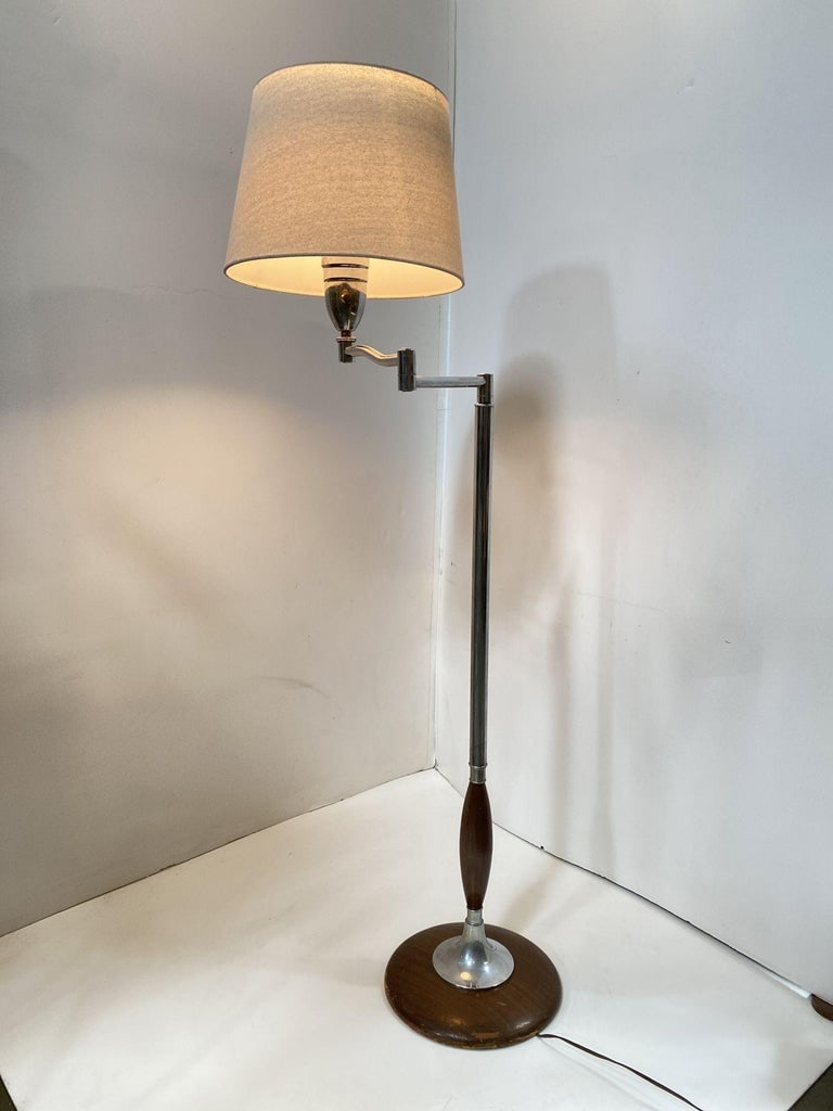 Art Moderne Wood and Chrome Swing Arm Floor Lamp - 3