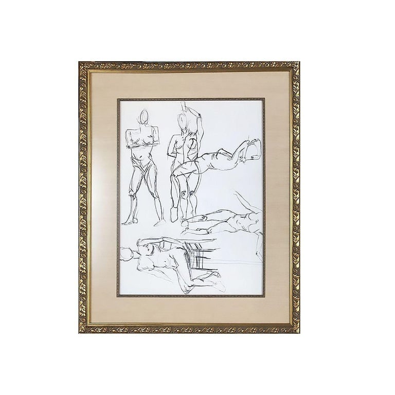 Nude Female Figural Pencil on Paper Drawlings in Gold Tone Frame, Pair - 3