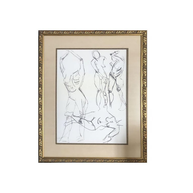 Nude Female Figural Pencil on Paper Drawlings in Gold Tone Frame, Pair - 4