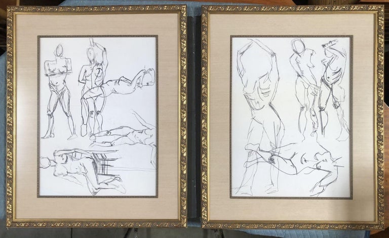 Nude Female Figural Pencil on Paper Drawlings in Gold Tone Frame, Pair - 5