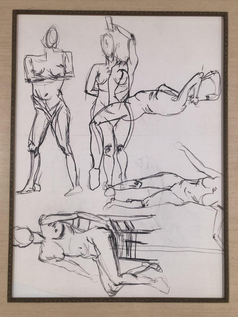 Nude Female Figural Pencil on Paper Drawlings in Gold Tone Frame, Pair - 6