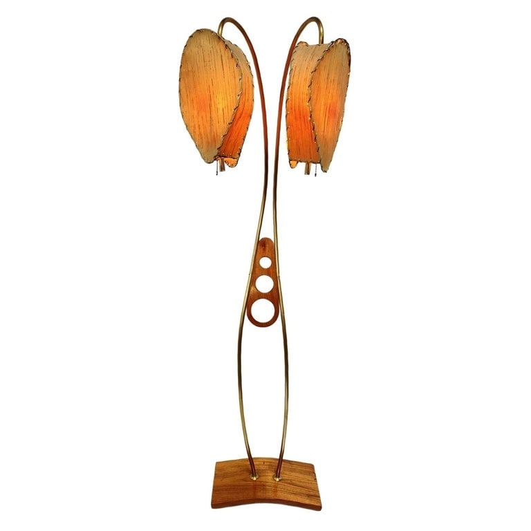 Mid Century Walnut and Brass Floor Lamp with Whipstitch Fiberglass Lamp Shades (1 of 8)